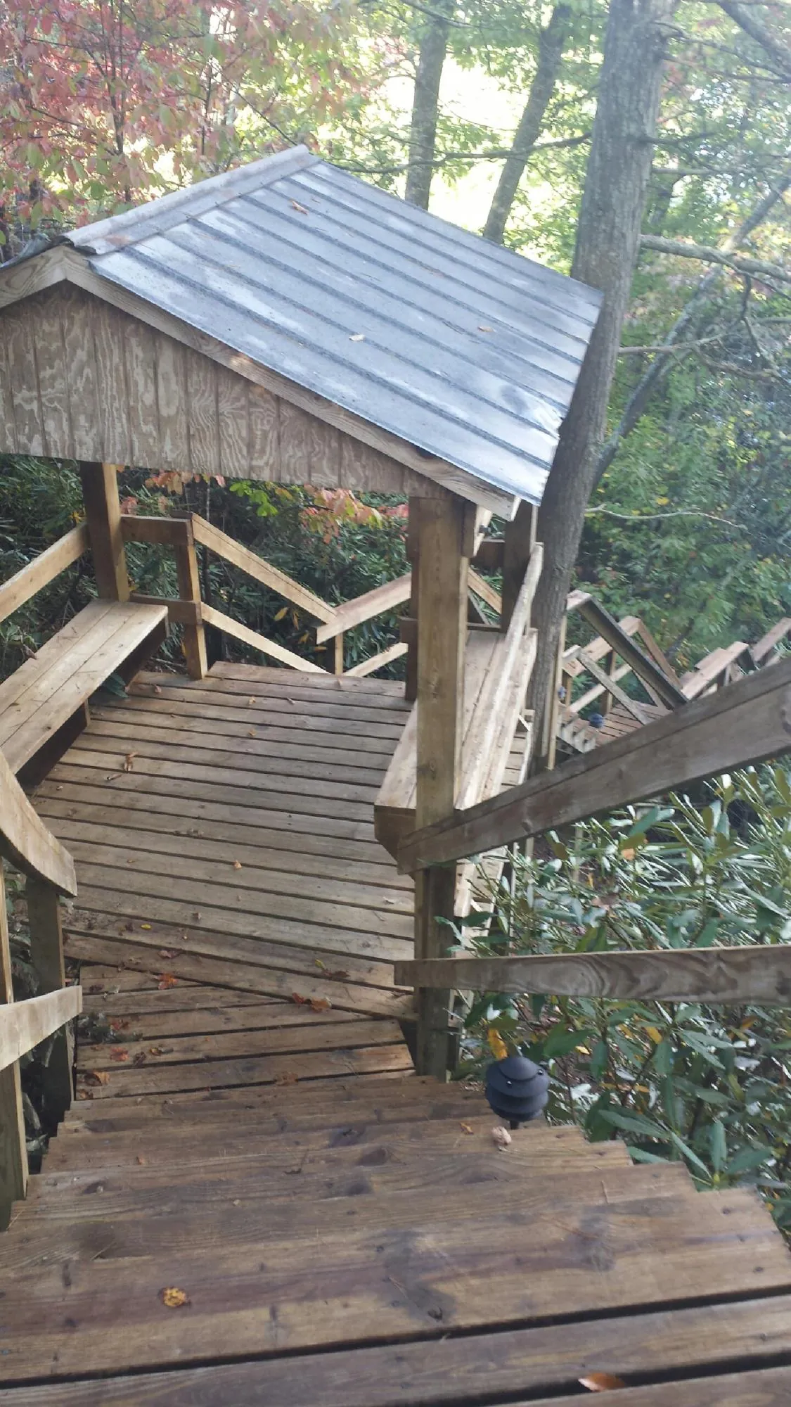 Metal roofed shelter over wooden steps on a wooded walkway — Skylight Repair & Installation work by our crew in Stella